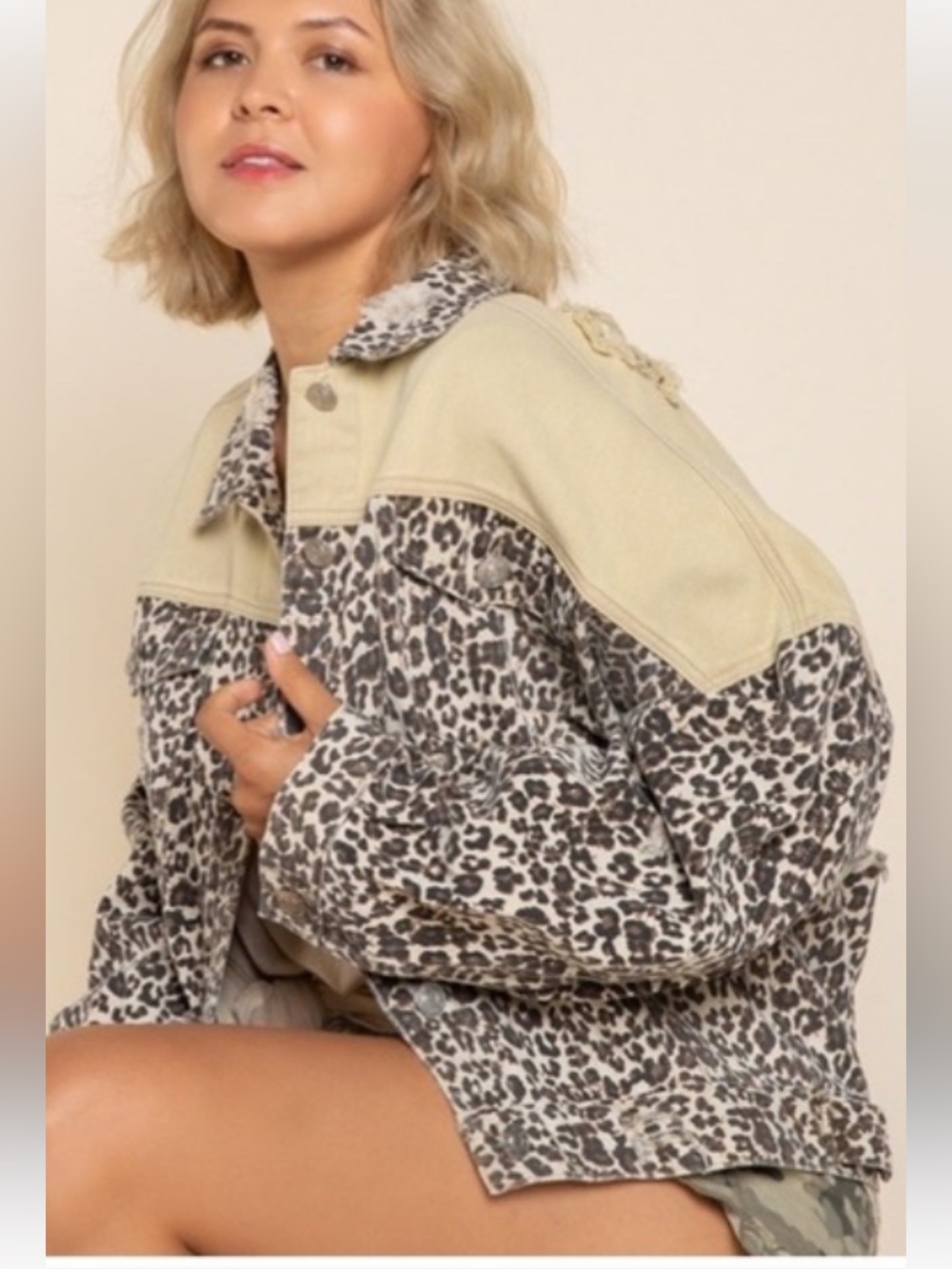 POL Leopard Print Panel Destroyed Jacket in Beige- Small